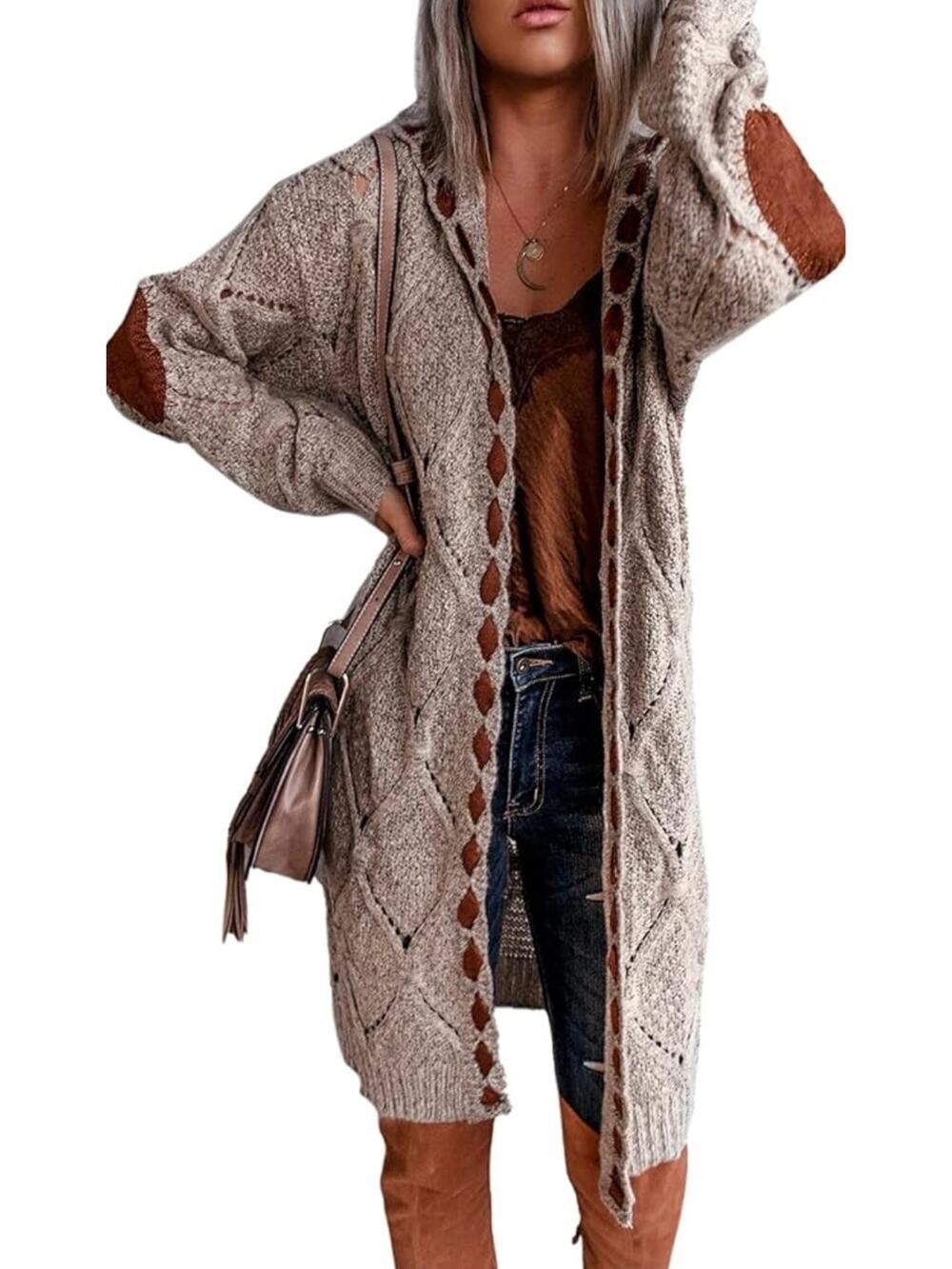 POL Hooded Chunky Cable Knit Cardigan Medium Long Sweater Duster Elbow Patch